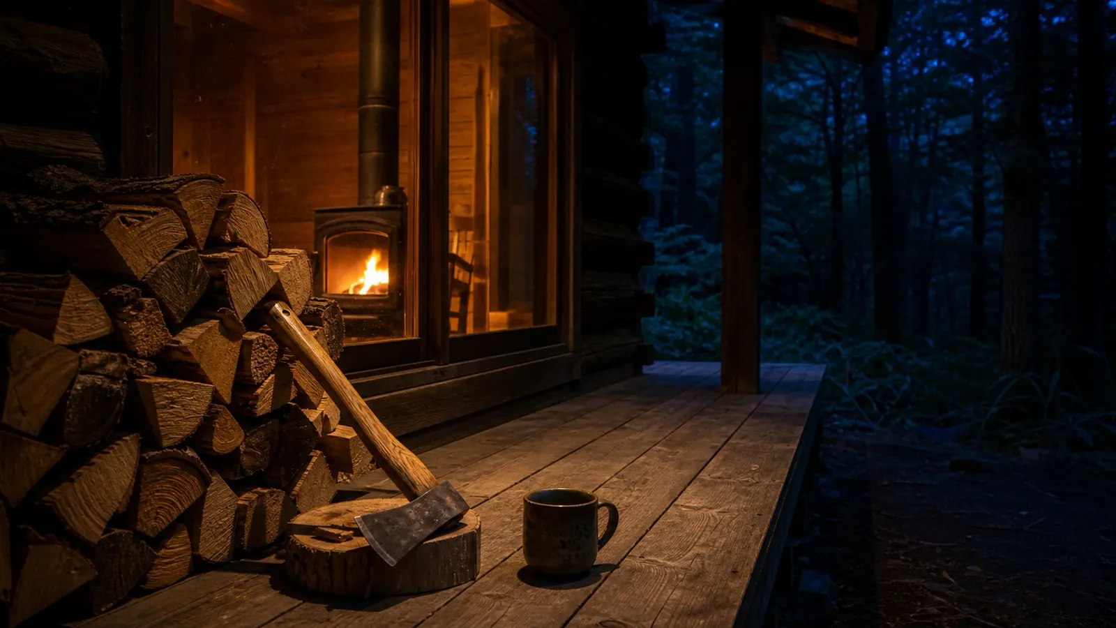 那須の森の山小屋。薪ストーブの灯りと薪割りの斧、火のある暮らし