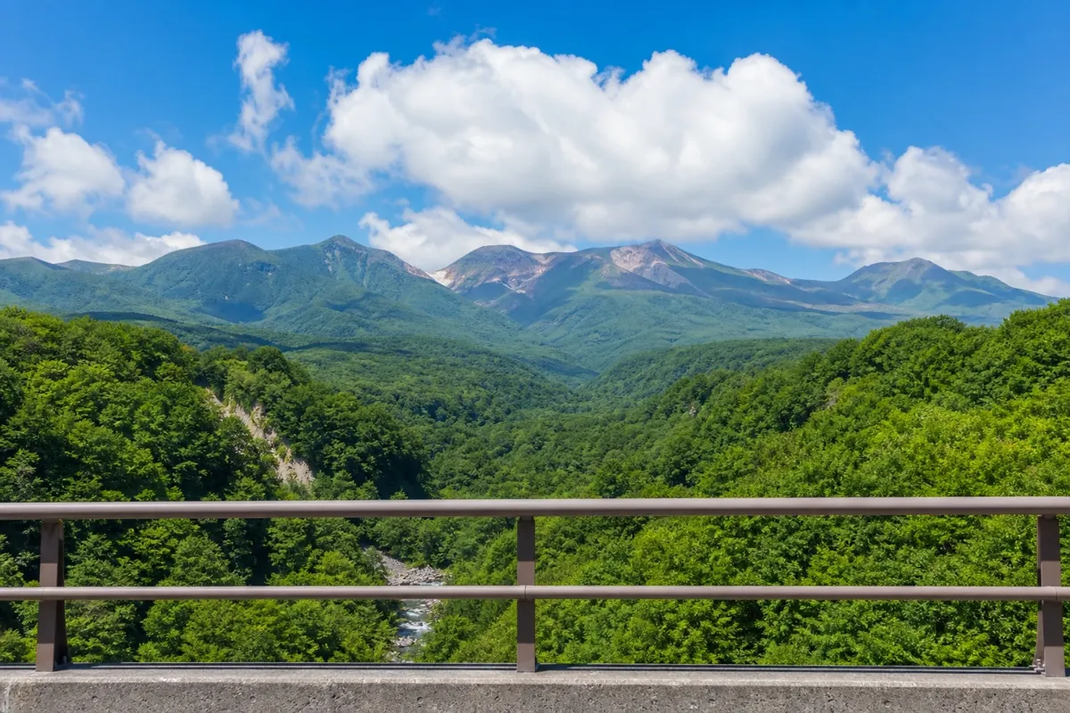 那須大橋から望む夏の那須連山。欄干の向こうに緑の渓谷と山並みが広がる、那須へ向かう道すがらの風景。