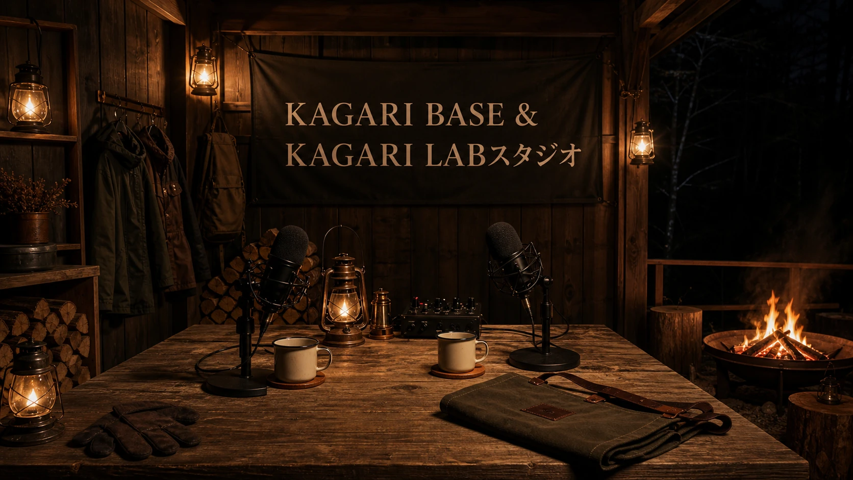 薪小屋のような空間にマイクとランタンが並ぶ、KAGARI BASE & KAGARI LABスタジオのイメージ（AI生成の仮想映像）