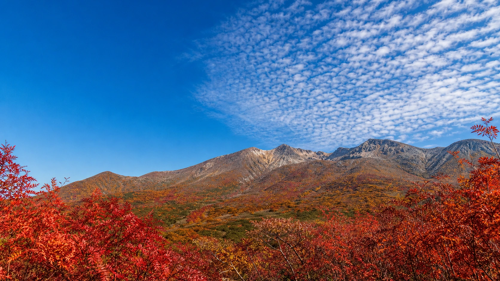 紅葉に染まる那須連山と秋の空